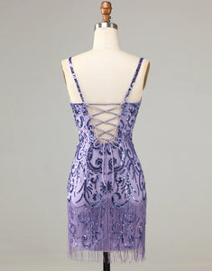 Sparkly Fringes Tight Purple Homecoming Dress with Sequins