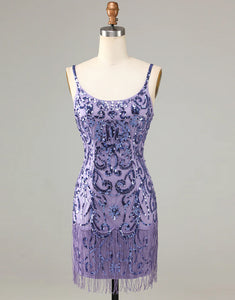 Sparkly Fringes Tight Purple Homecoming Dress with Sequins
