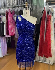 Sequins Royal Blue One Shoulder Sheath Homecoming Dress