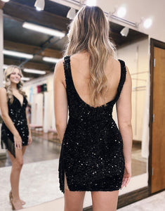 Sparkly Black Sequin Short Homecoming Dress with Fringes