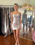 Shimmering Silver Spaghetti Strap Ruched Backless Bodycon Homecoming Dress