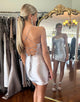 Shimmering Silver Spaghetti Strap Ruched Backless Bodycon Homecoming Dress