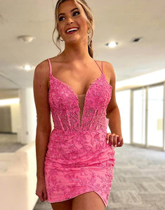 Hot Pink Tight Corset Homecoming Dress with Appliques