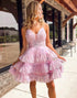 Pink Printed A Line Cute Homecoming Dress with Pleated