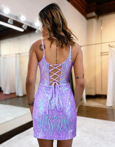 Lilac Spaghetti Straps Sparkly Short Homecoming Dress