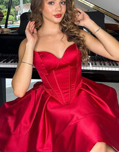 Cute A Line Sweetheart Red Satin Corset Homecoming Dress