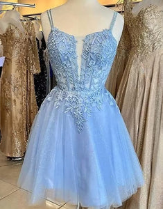 A-Line Tulle Blue Homecoming Dress With Appliques