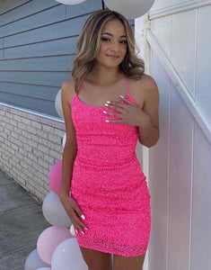 Hot Pink Sequins Tight Sparkly Homecoming Dress with Lace-up Back