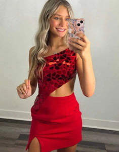 One Shoulder Red Tight Homecoming Dress with Hollow-out