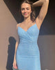 Spaghetti Straps Sequins Blue Glitter Tight Homecoming Dress