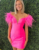 Off the Shoulder Hot Pink Homecoming Dress with Feathers