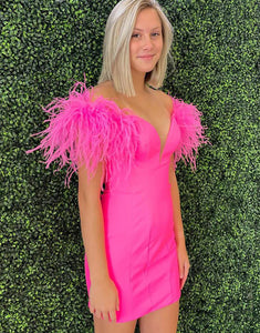 Off the Shoulder Hot Pink Homecoming Dress with Feathers