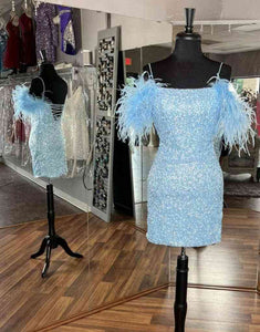 Off the Shoulder Lavender Sequins Homecoming Dress with Feathers