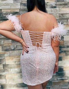 Off the Shoulder Lavender Sequins Homecoming Dress with Feathers