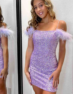 Off the Shoulder Lavender Sequins Homecoming Dress with Feathers
