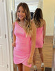 Pink One Shoulder Sequins Tight Glitter Homecoming Dress