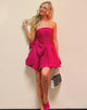 A Line Strapless Satin Hot PInk Homecoming Dress with Bow