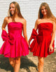 A Line Strapless Satin Hot PInk Homecoming Dress with Bow