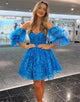 Off the Shoulder A Line Blue Glitter Homecoming Dress with Appliques