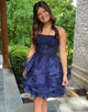 Navy A Line Tulle Tiered Homecming Dress with Appliques