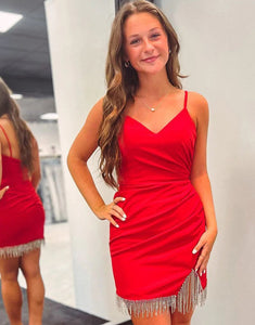 Spaghetti Straps Red Tight Homecoming Dress with Fringes