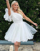 One Shoulder White A Line Cute Homecoming Dress with Ruffles