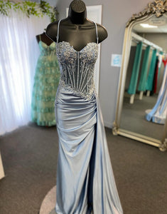 Dusty Blue Spaghetti Straps Sequin Long Prom Dress