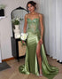 Mermaid Green Spaghetti Straps Applique Sequin Long Prom Dress