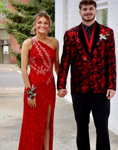 Black Red Notched Lapel Single Button Floral Two-Piece Formal Prom Suit for Men