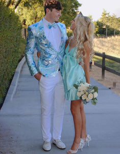 Light Blue Printed Notch Lapel One-Button Men's Two-Piece Wedding Suit