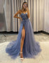 Dusty Blue Sweetheart Tulle A Line Long Prom Dress