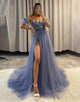 Dusty Blue Sweetheart Tulle A Line Long Prom Dress