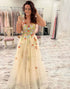 Champagne V Neck Tulle Flower A Line Long Prom Dress