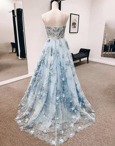 Light Blue Tulle Spaghetti Straps Princess Corset Long Prom Dress