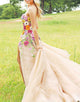 Champagne A Line Sweetheart Flower Long Prom Dress With Appliques