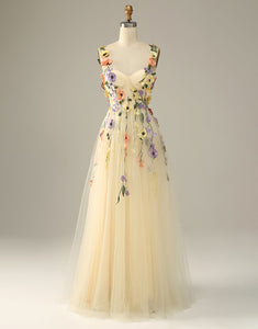 Champagne A Line Long Prom Dress With 3D Flower