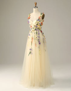 Champagne A Line Long Prom Dress With 3D Flower