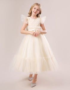 Champagne A Line Tulle Cap Sleeves Flower Girl Dress with Bow