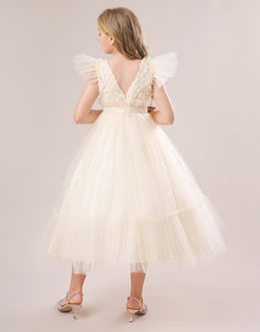 Champagne A Line Tulle Cap Sleeves Flower Girl Dress with Bow