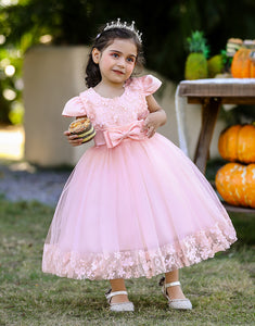 Pink A Line Appliques Cap Sleeves Flower Girl Dress with Bow