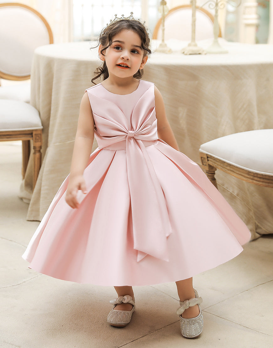 Dressself Pink Satin A Line Sleeveless Cute Flower Girl Dress With Bow Dressself Pink Satin A Line Sleeveless Cute Flower Girl Dress With Bow