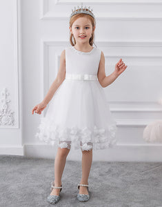 White Appliques Beading Tulle Sleeveless Flower Girl Dress