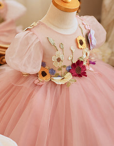 Dusty Rose Appliques Puff Sleeves Tulle Flower Girl Dress