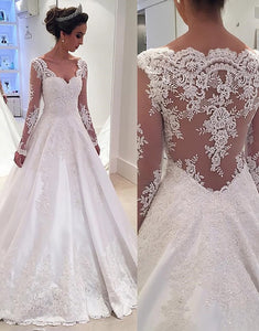 V Neck Long Sleeves A Line White Lace Bridal Dress