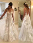 A Line V Neck Open Back Ivory Appliques Tulle Bridal Dress