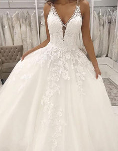 A Line V Neck Appliques White Tulle Bridal Dress