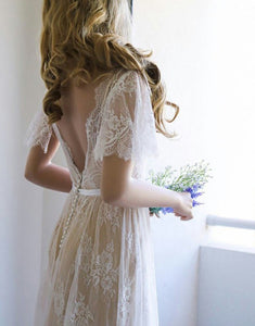 A Line V Neck Open Back Ivory Long Bridal Dress