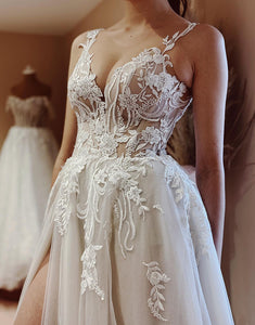 A Line Sleeveless White Bridal Dress With Slit