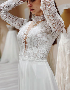 A Line Long Sleeves Ivory Long Bridal Dress With Slit