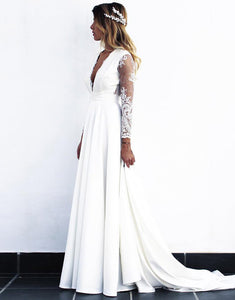 White Lace Long Sleeves V Neck Long Bridal Dress